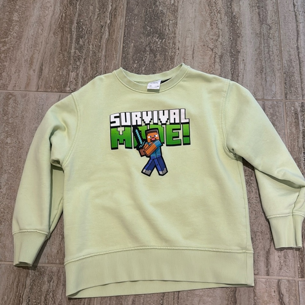 ZARA Kids Lime Green MINECRAFT SWEATSHIRT Survival Mode Size 9